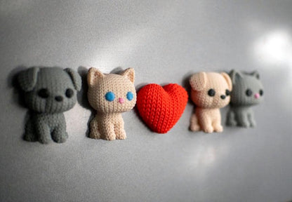 Knitted Fridge Magnet Pack – Puppy Kitty & Heart Magnets – Cute Knitted Style Magnets – Kitchen or Office Decor